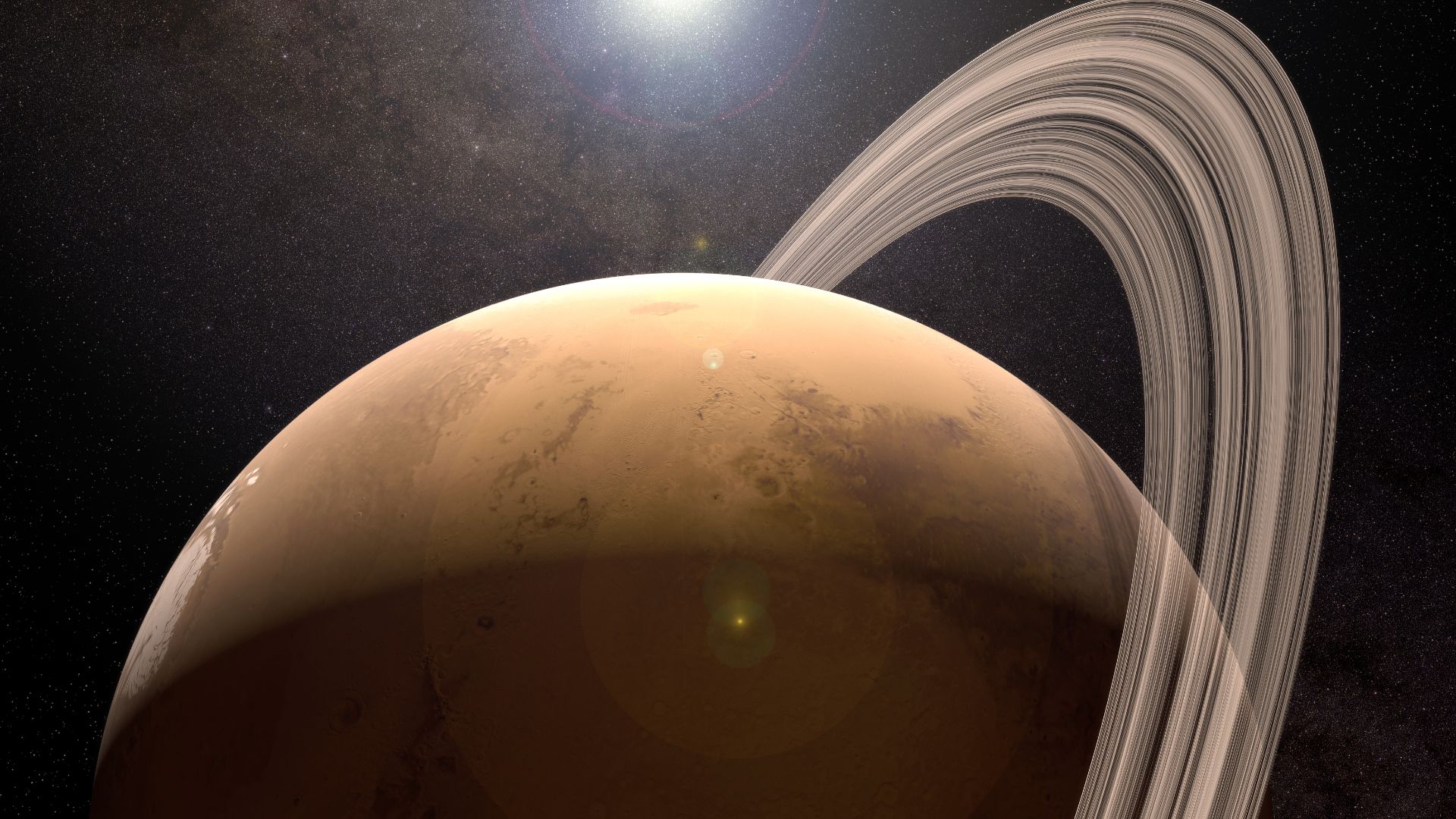 Rendering showing a planetary ring system over Mars. Demonstrates either the formation or destruction of Phobos and/or Deimos.