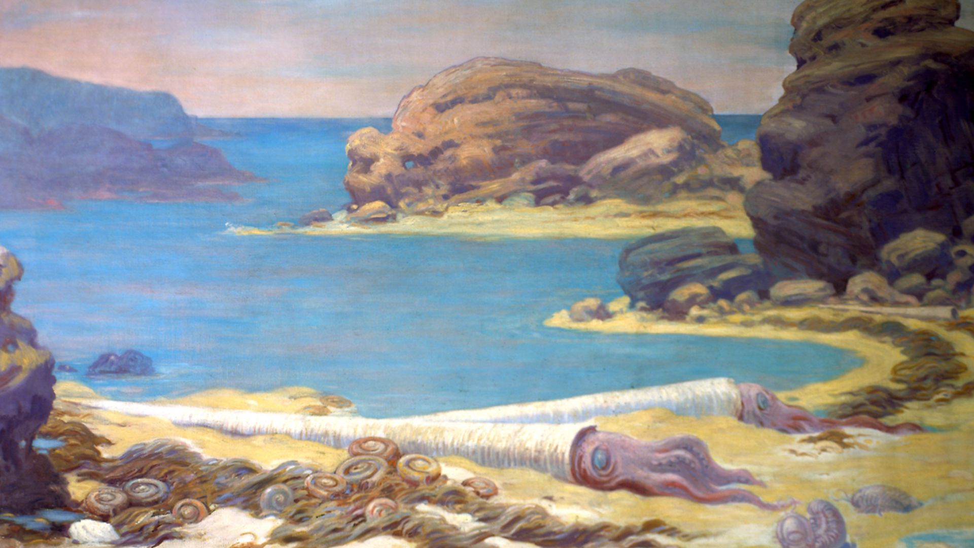 Ordovician Sea Life, two billion years ago, volcanic activity widespread, shows beached seaweed, trilobites and cephalopods from the ocean. Cenozoic; Charles R. Knight painting or mural Fossil invertebrate