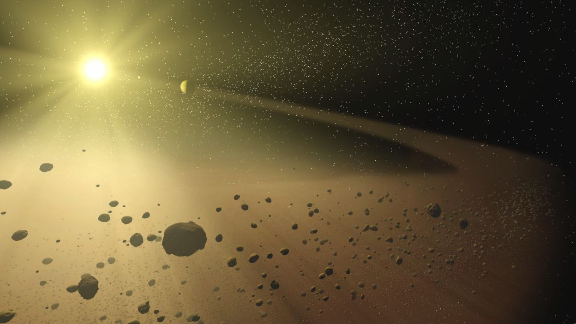 This artist's concept depicts a distant hypothetical solar system, similar to the one recently discovered with the Spitzer Space Telescope. In this artist's rendering, a narrow asteroid belt filled with rocks and dusty debris, orbits a star similar to our