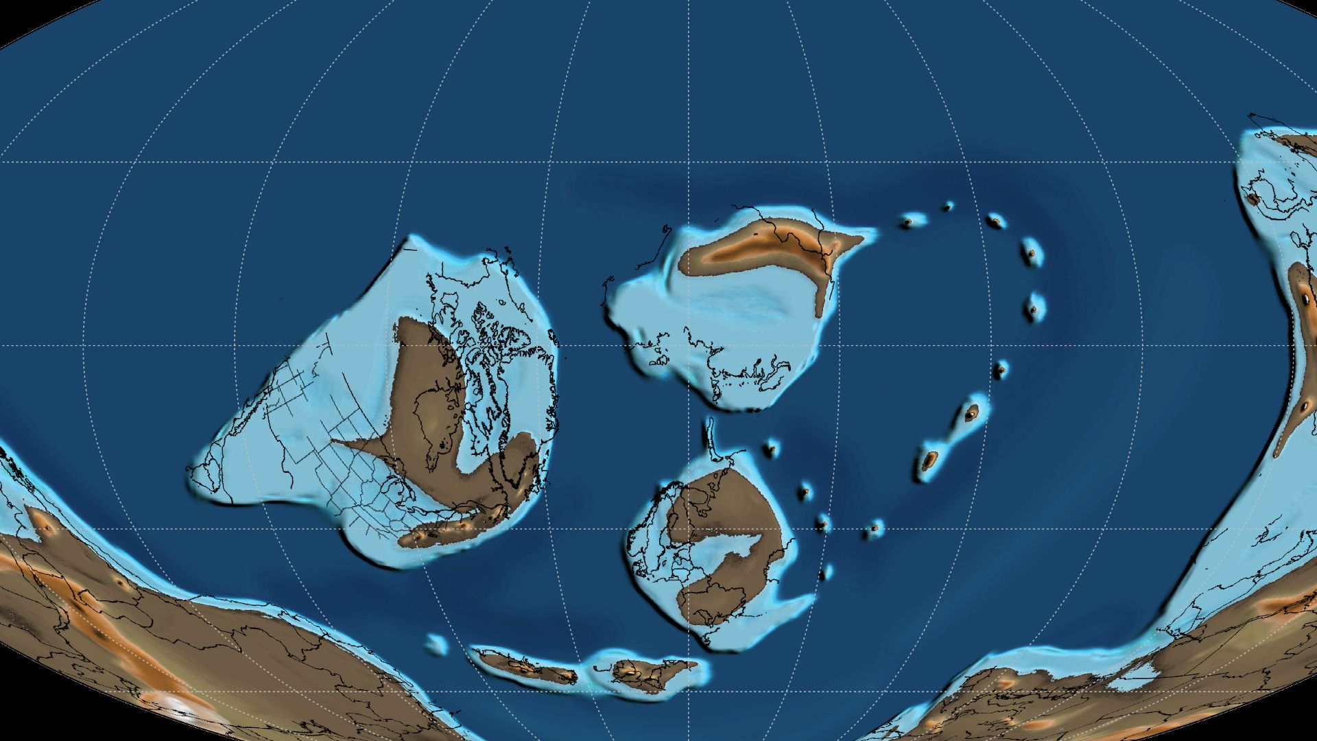 A mollweide map of Earth 465 million years ago, overlayed by a black outline of present-day countries in their respective locations.