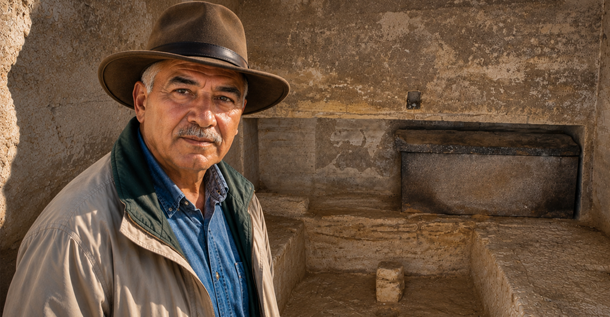 AI-generated image of an archaeologist wearing a hat, standing in front of an Egyptian tomb