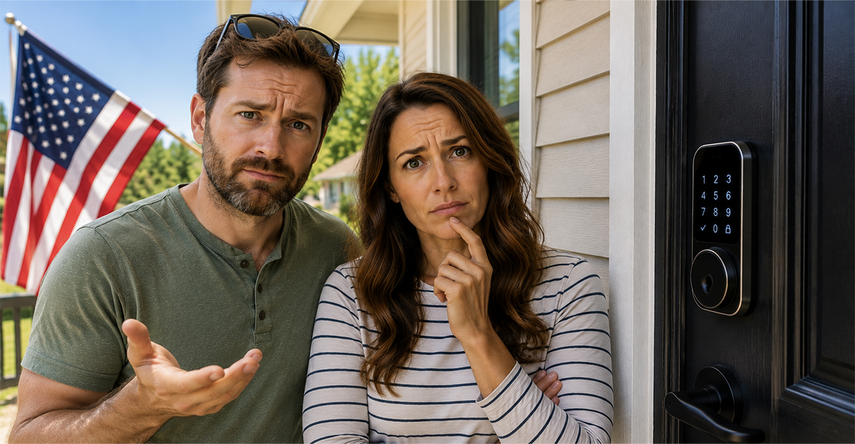 A confused man and a woman standing on the front step of a house