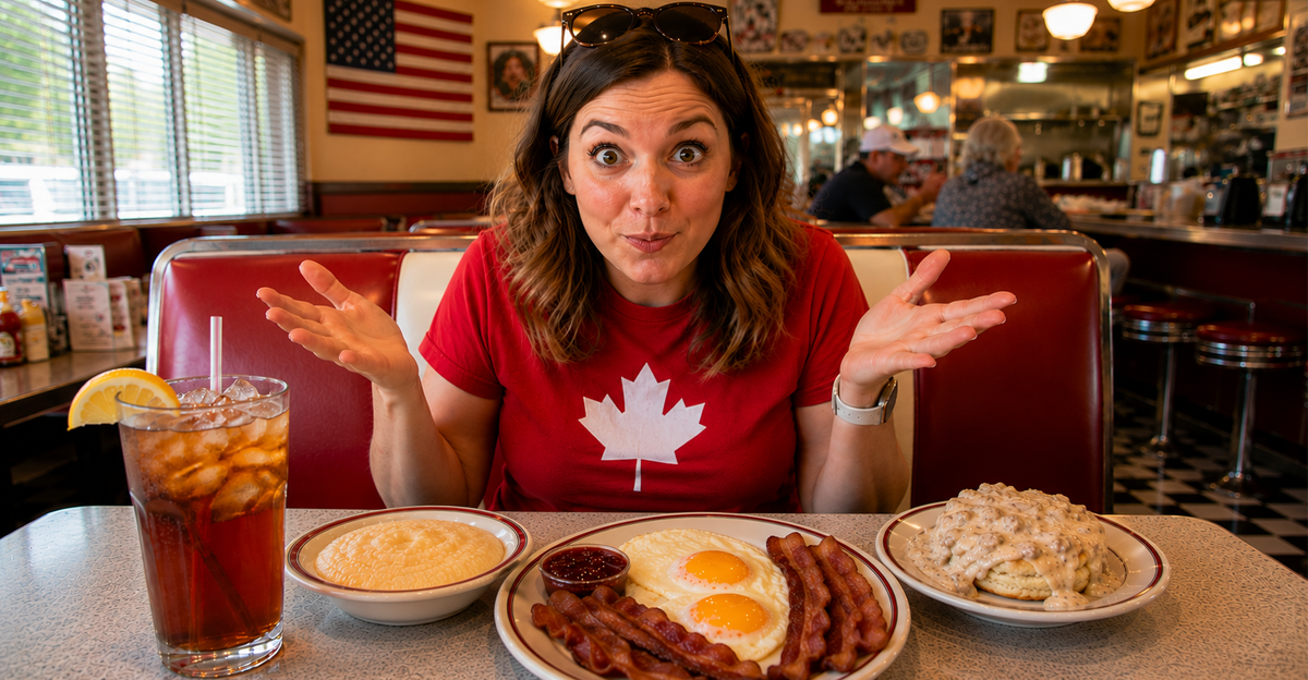 AI-generated image of Canadian woman reacting to large southern breakfast in an American diner
