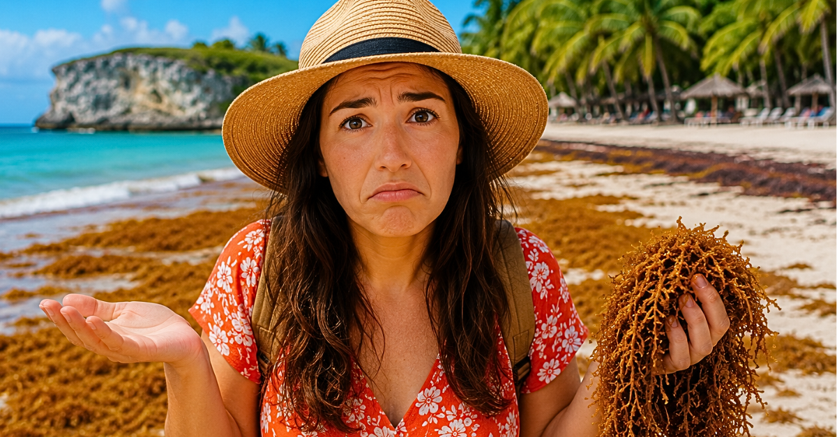 Tourist Reacting to Seaweed-Covered Beach