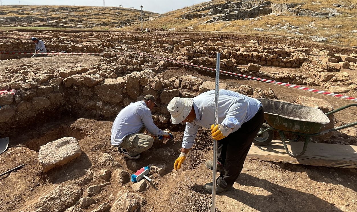 Archeologists unearth a 1800 years old military medal, phalera with the head of medusa found in the excavation works at the Perrhe Ancient City in Adiyaman, Turkiye on October 05, 2022.