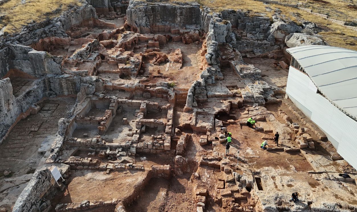 An aerial view of excavation site as a residential area dating back approximately 1,500 years to the Roman era is revealed at Perrhe, one of the five major cities of the ancient Commagene civilization, in Adiyaman, Turkiye on November 17, 2025. The newly uncovered structures provide fresh insights into daily life in the region during antiquity and contribute to ongoing research on the historical significance of Perrhe