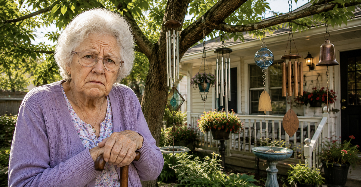 Elderly woman standing in a front yard