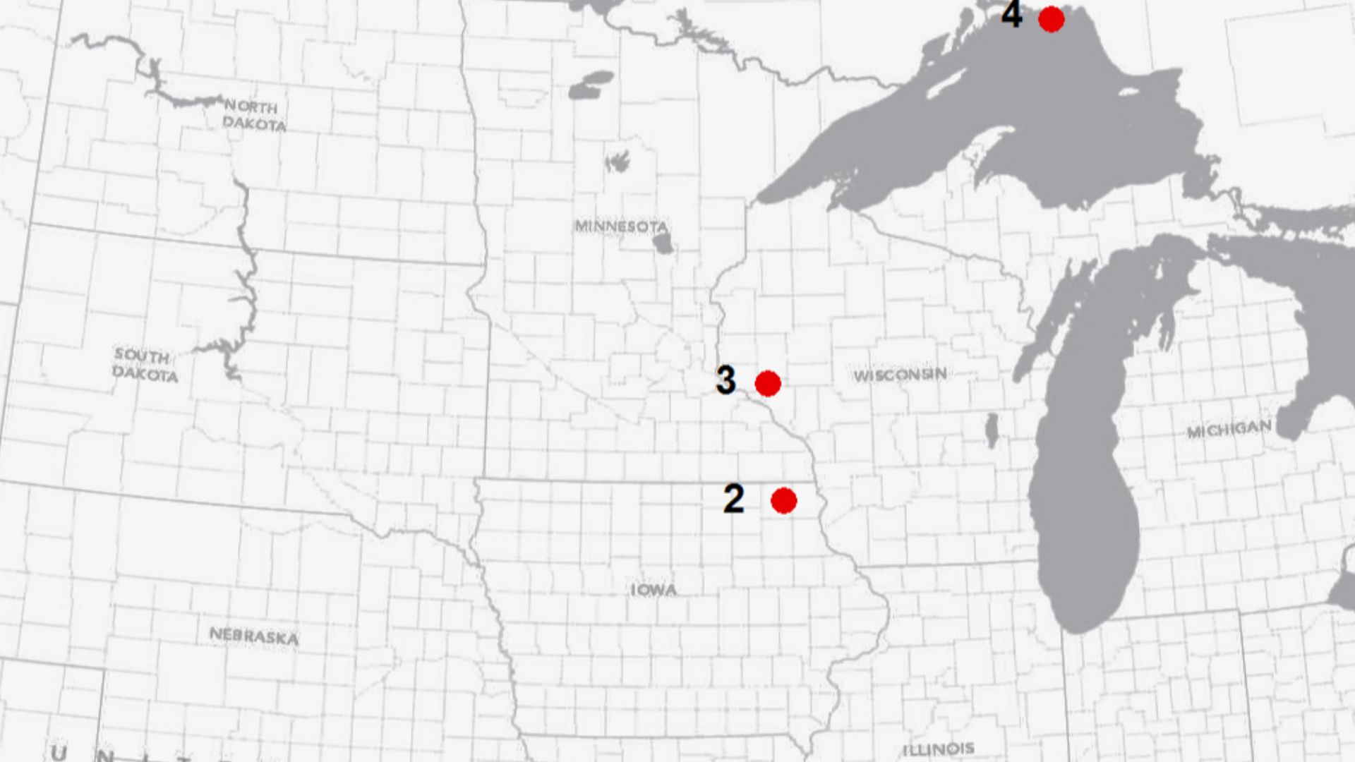North American Middle Ordovician impact craters. Key: 1: Ames crater, 2: Decorah crater, 3: Rock Elm Disturbance, 4: Slate Islands crater.
