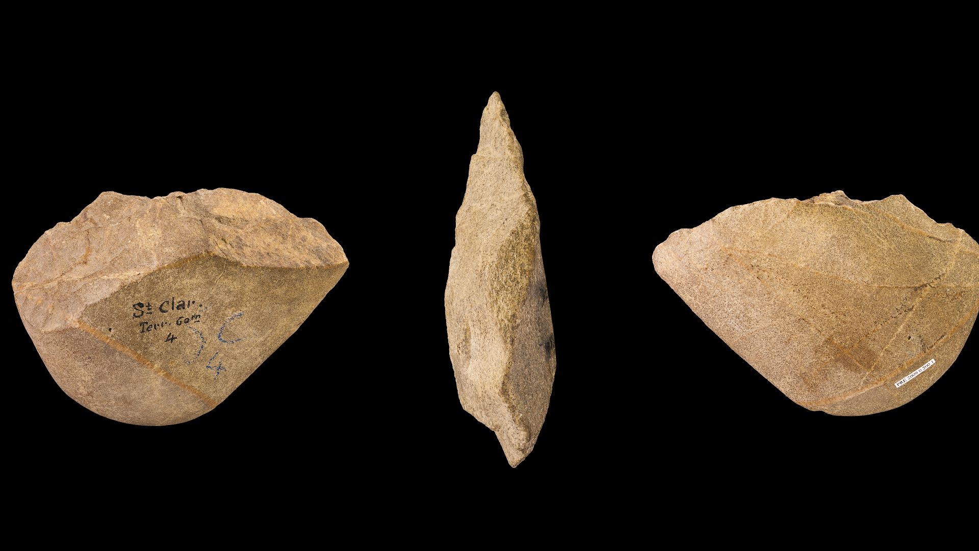 Chopper - Different views of the same specimen
Locality : Terrasse 60m, Saint-Clar-de-Rivière, Haute Garonne, France. Former collection of Henri Breuil
Stage: Lower Paleolithic between - 1 Ma and - 300 000 BP
Technique :pebblemedium QS:P186,Q14673
Dimensi