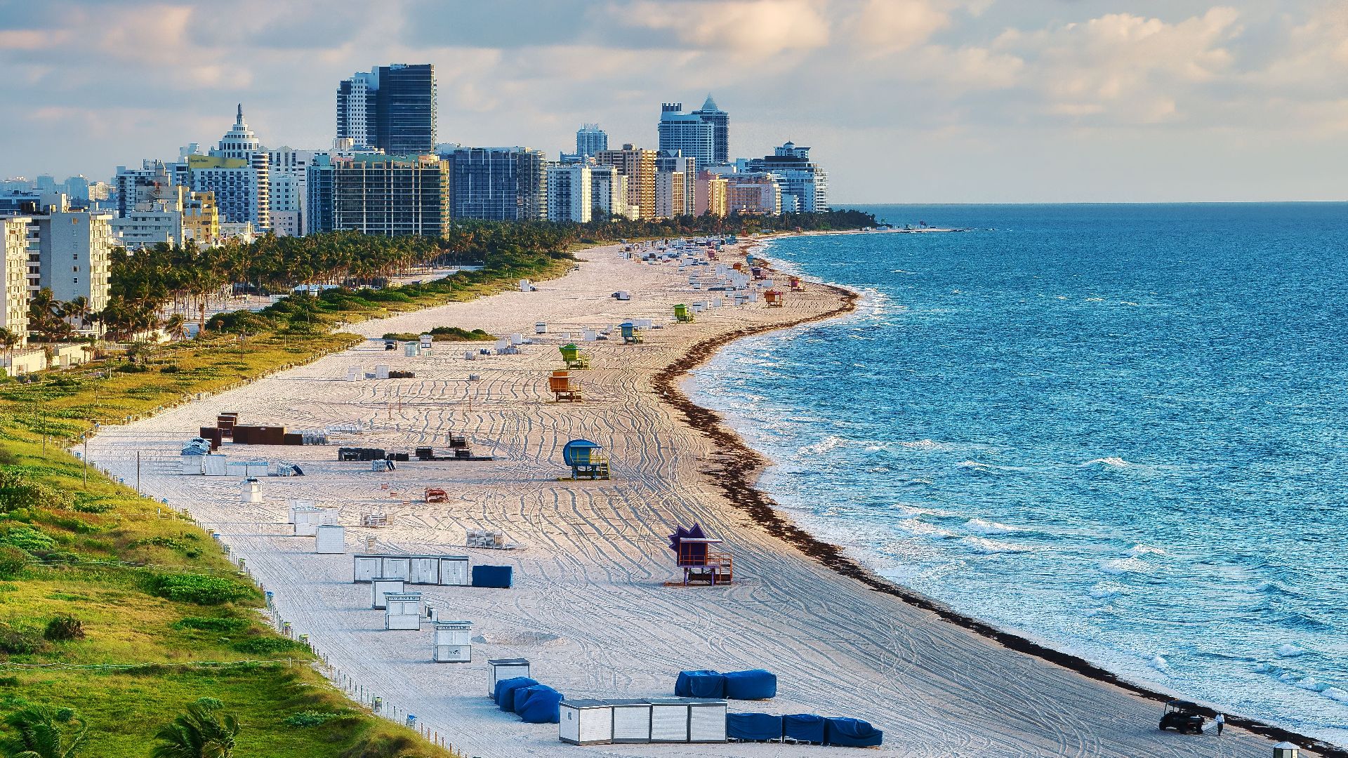 Aerial photo of Miami Beach with skyline and ocean, showcasing a vibrant summer cityscape.