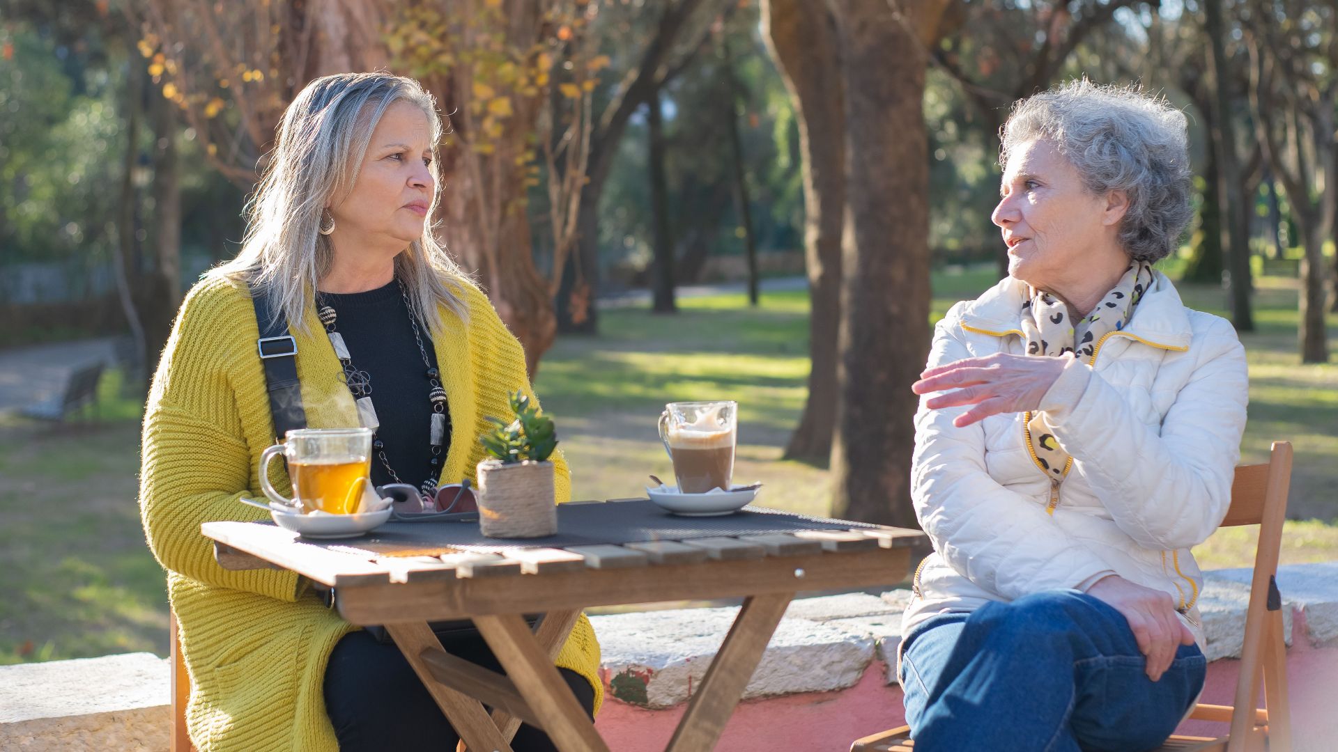 Two senior women enjoying tea and conversation at a park in Portugal.