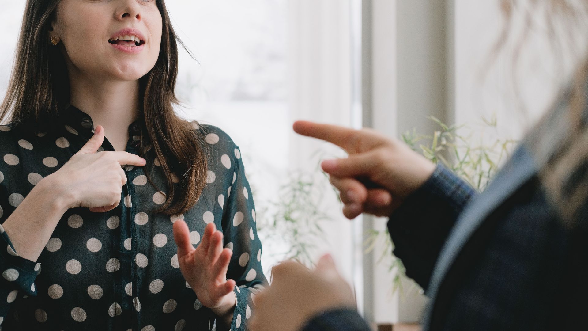Crop unrecognizable woman in formal suit pointing at female colleague in elegant dress while standing together near window and discussing business plan in light office