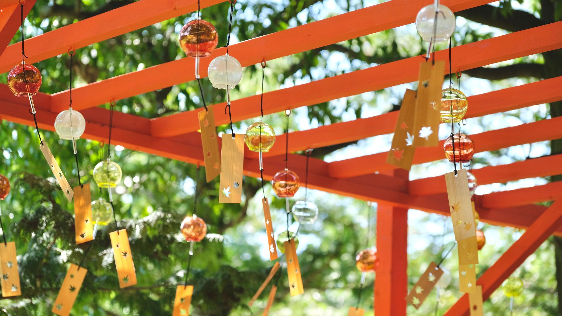 Vibrant Japanese wind chimes hanging in a Tachikawa park, Tokyo.