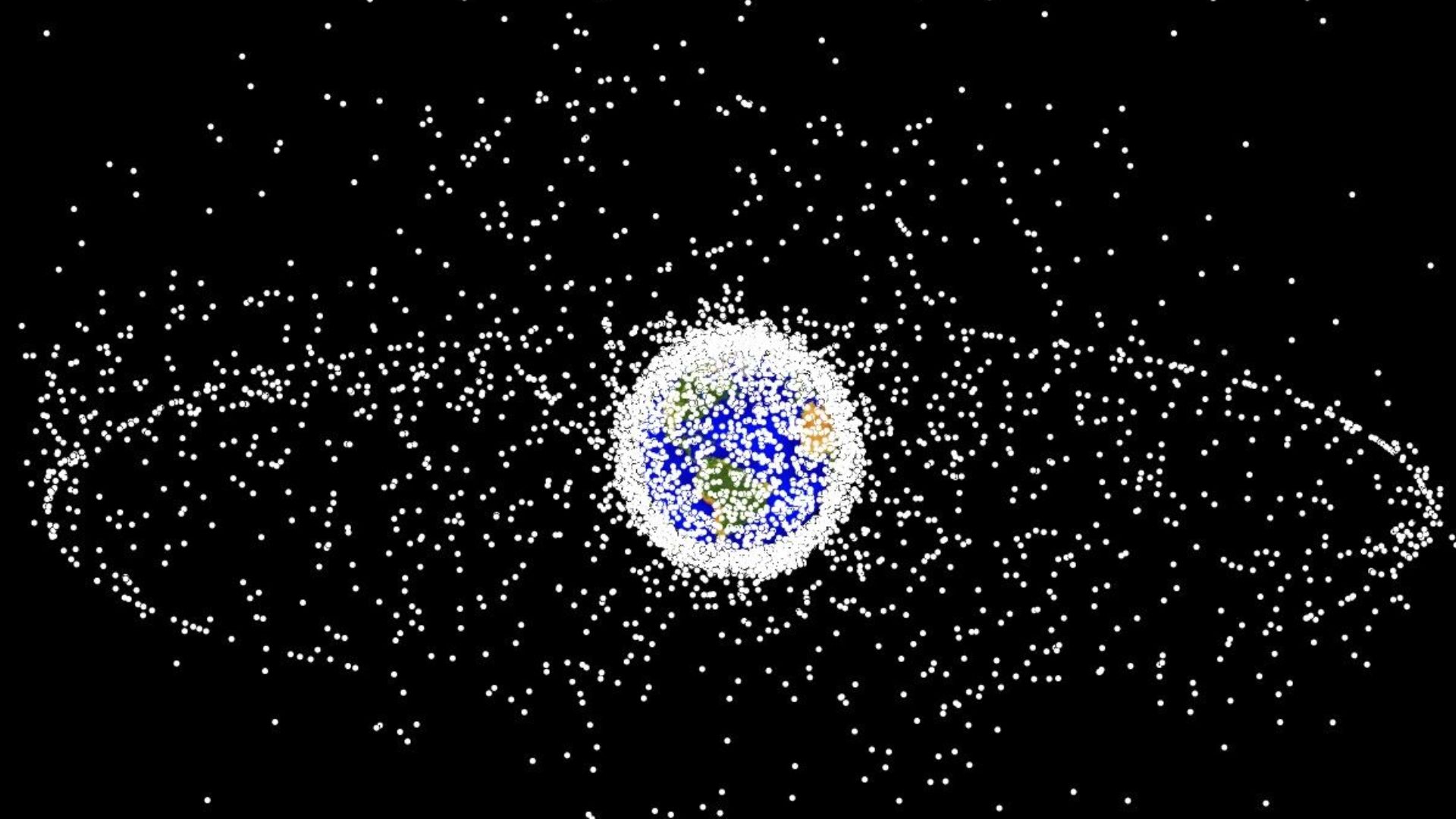 Debris plot by NASA.
A computer-generated image of objects in Earth orbit that are currently being tracked. Approximately 95% of the objects in this illustration are orbital debris, i.e., not functional satellites. The dots represent the current location 