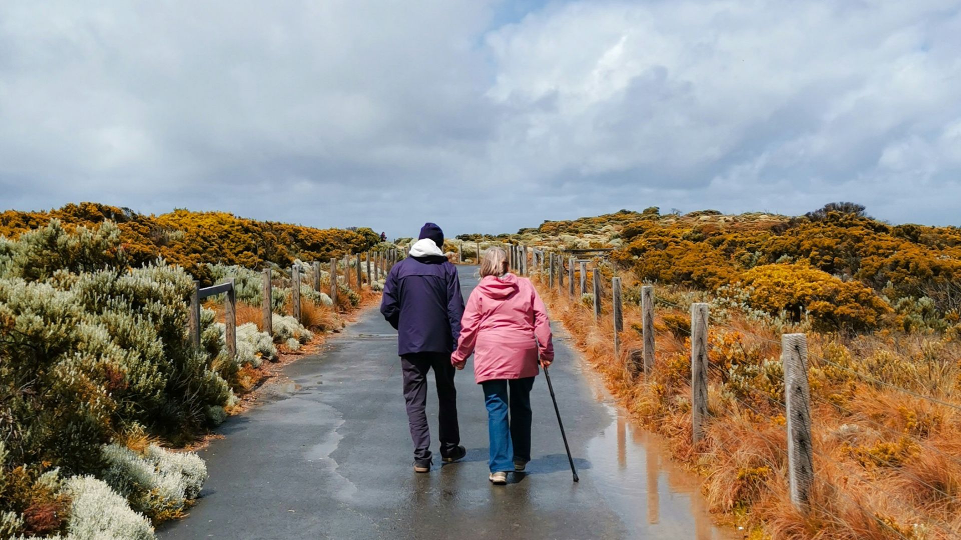 a couple walking on a road