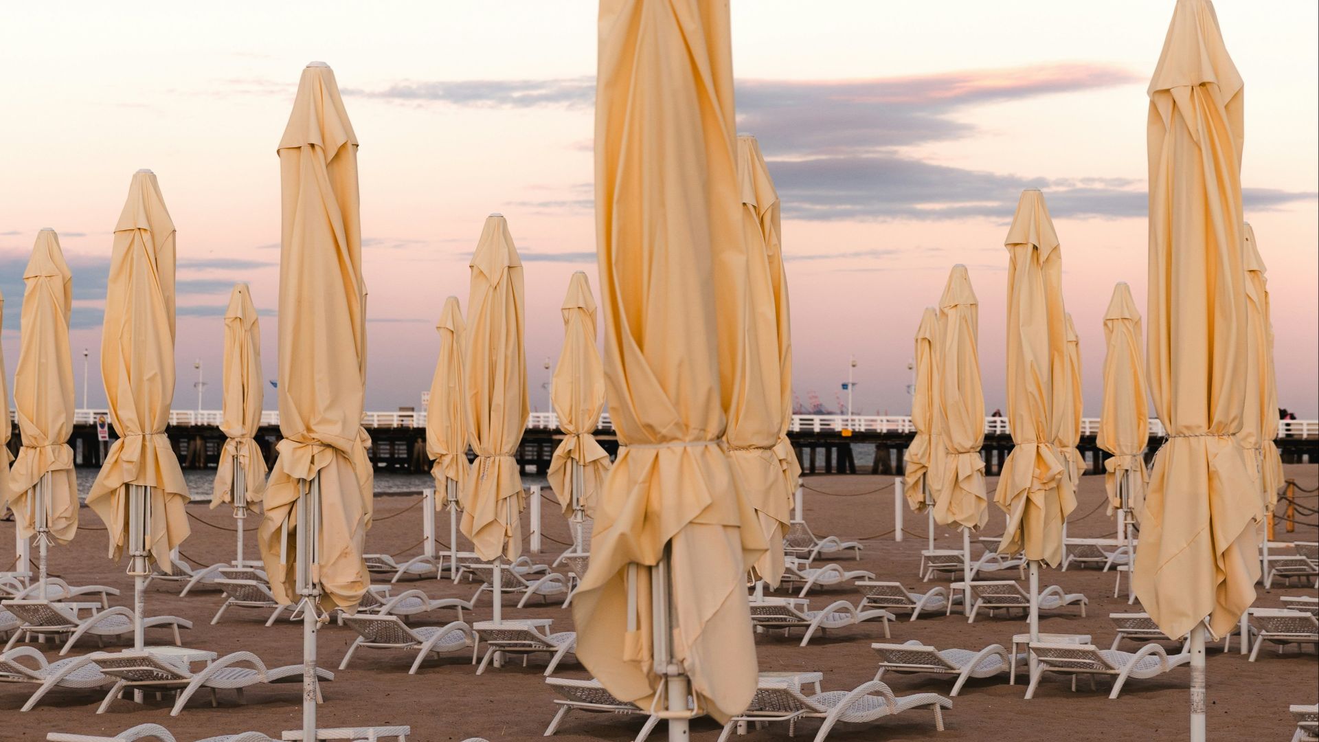 Closed beige beach umbrellas and white lounge chairs at sunset.