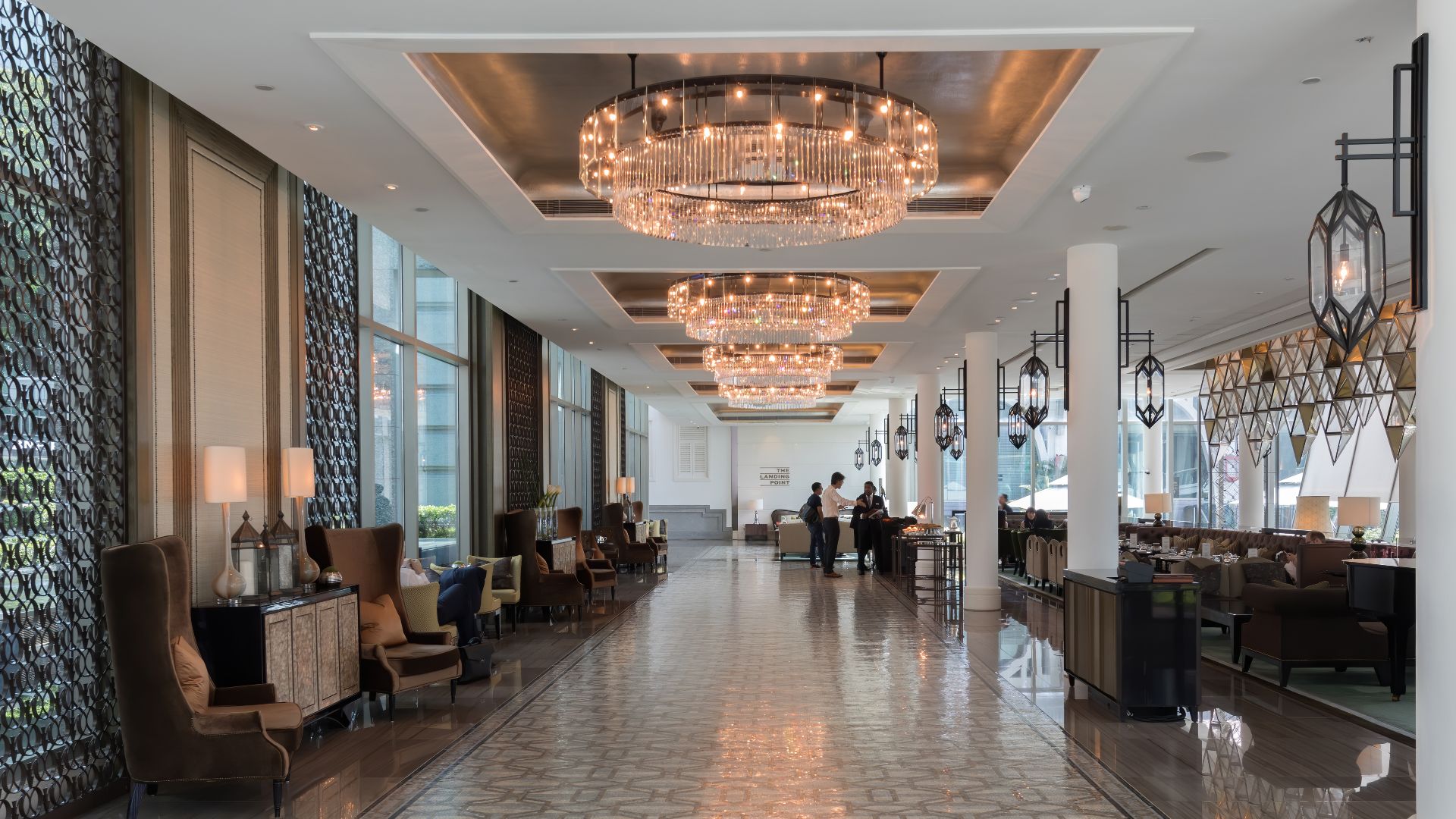 Interior of the lobby coffee and drinks with glass chandeliers at The Fullerton Bay Hotel, Singapore.