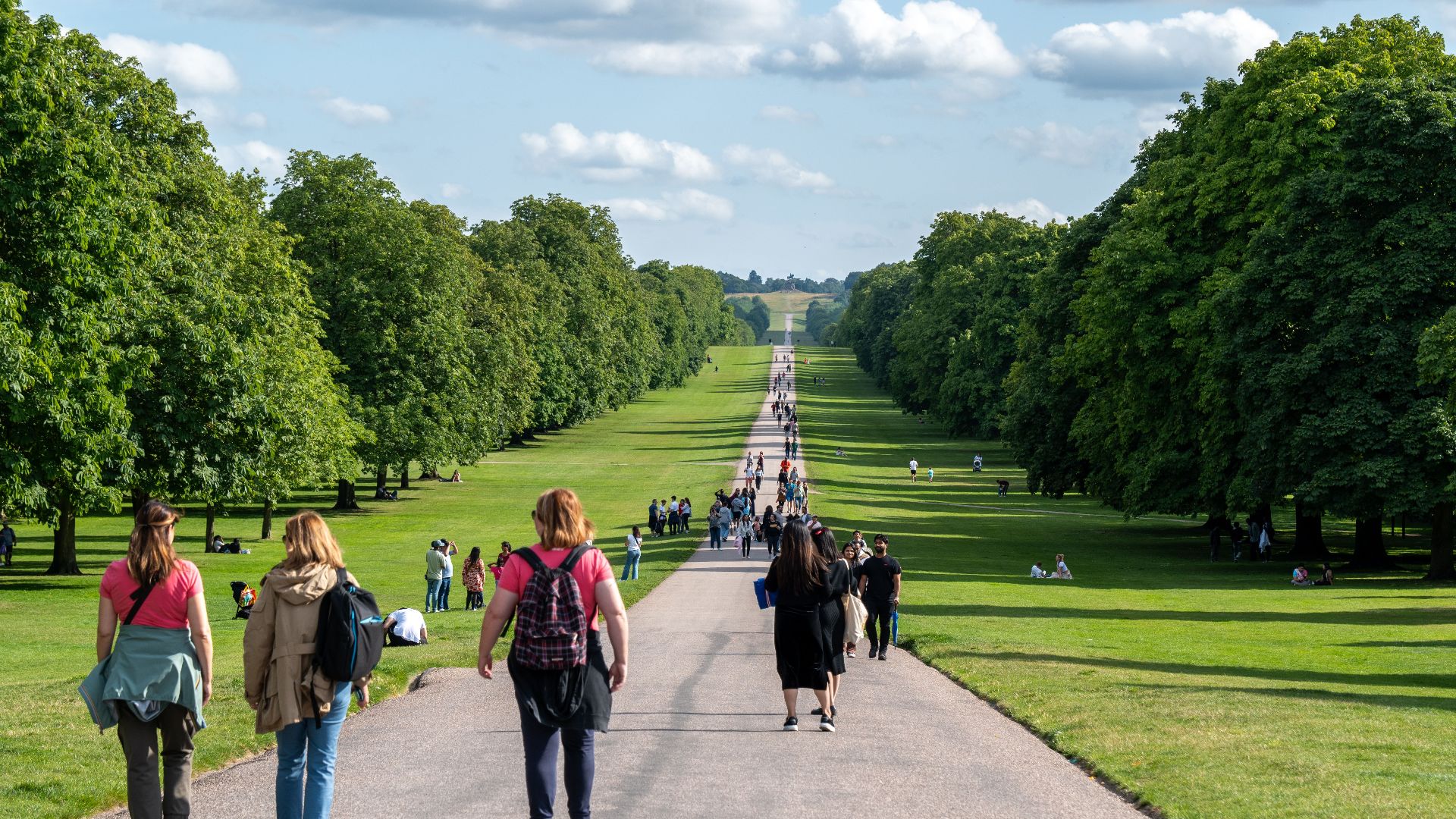 People enjoying a sunny walk along the Long Walk in Windsor Great Park, England.