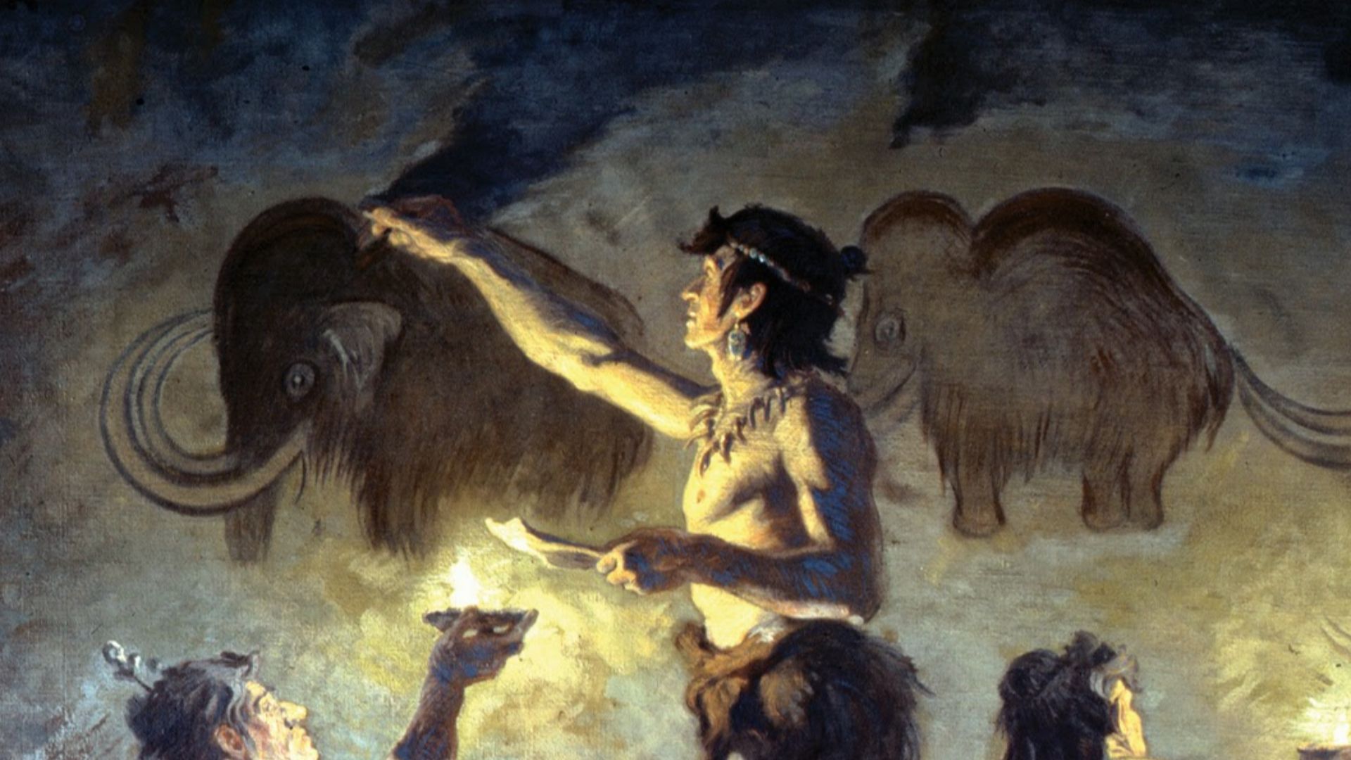Cro-Magnon artists painting woolly mammoths in Font-de-Gaume, AMNH.