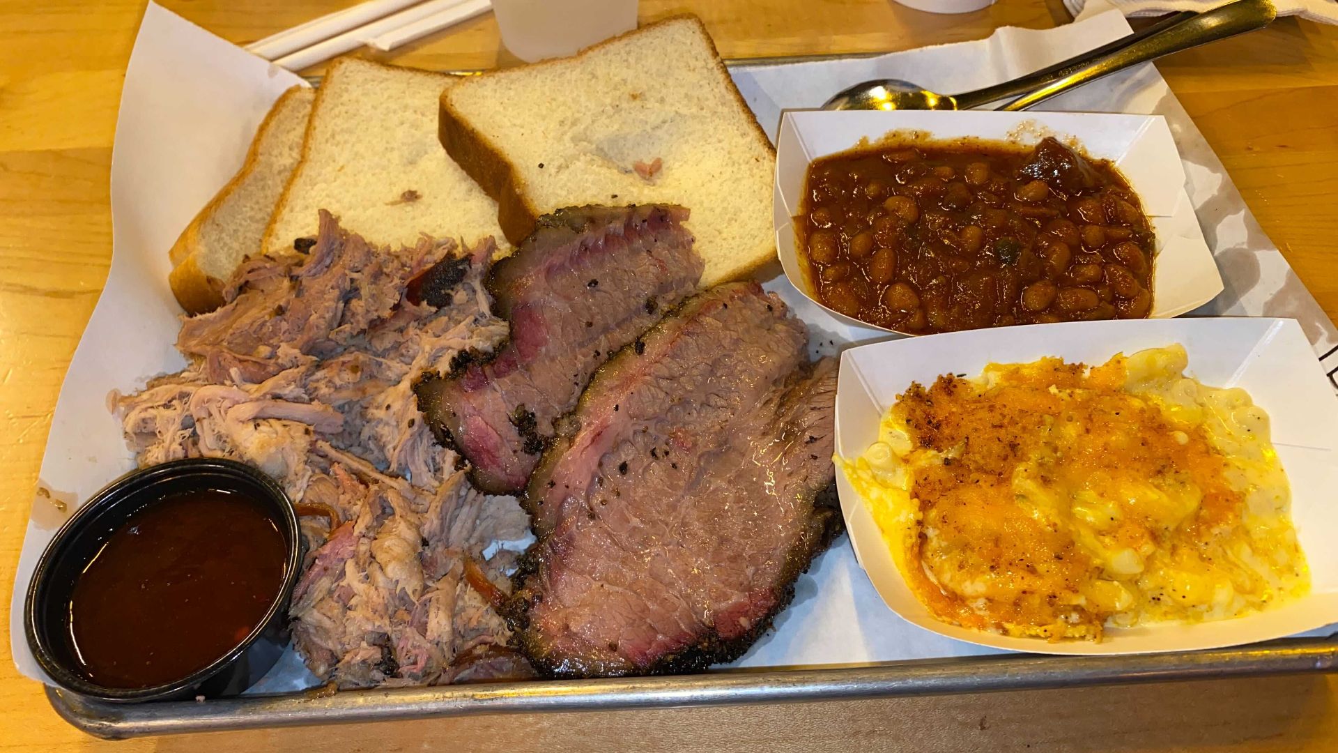 Pulled pork, brisket, baked beans and mac & cheese from Martin's BBQ in Nashville, TN