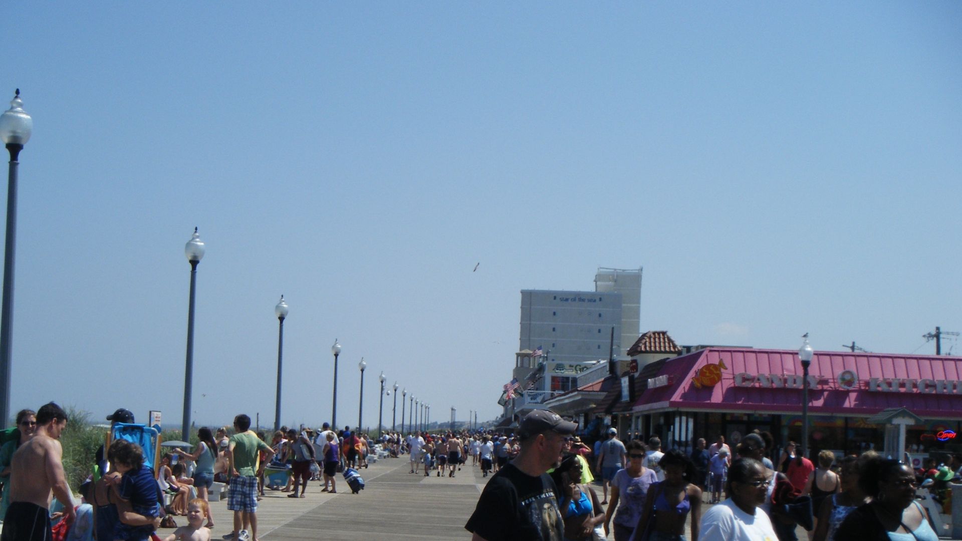 A view of the boardwalk in Rehoboth Beach, Delaware at Rehoboth Avenue, looking south