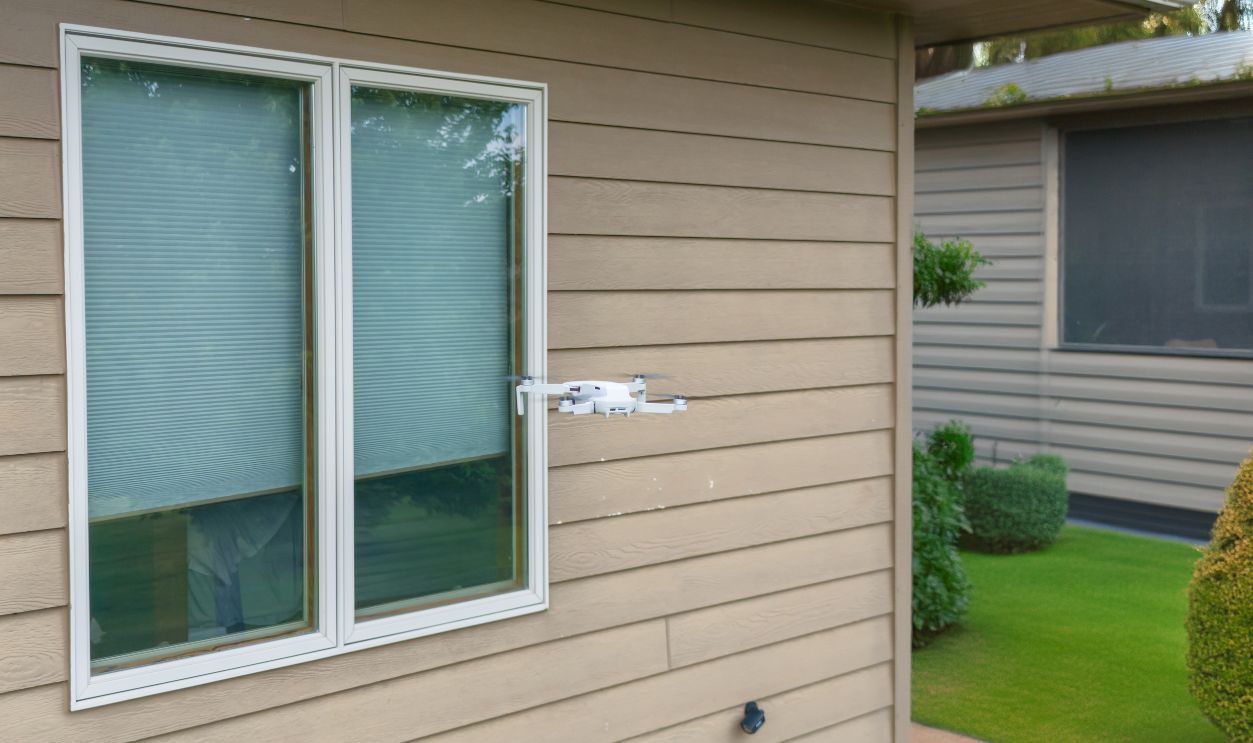 Unmanned aerial drone being used to spy into a residential window
