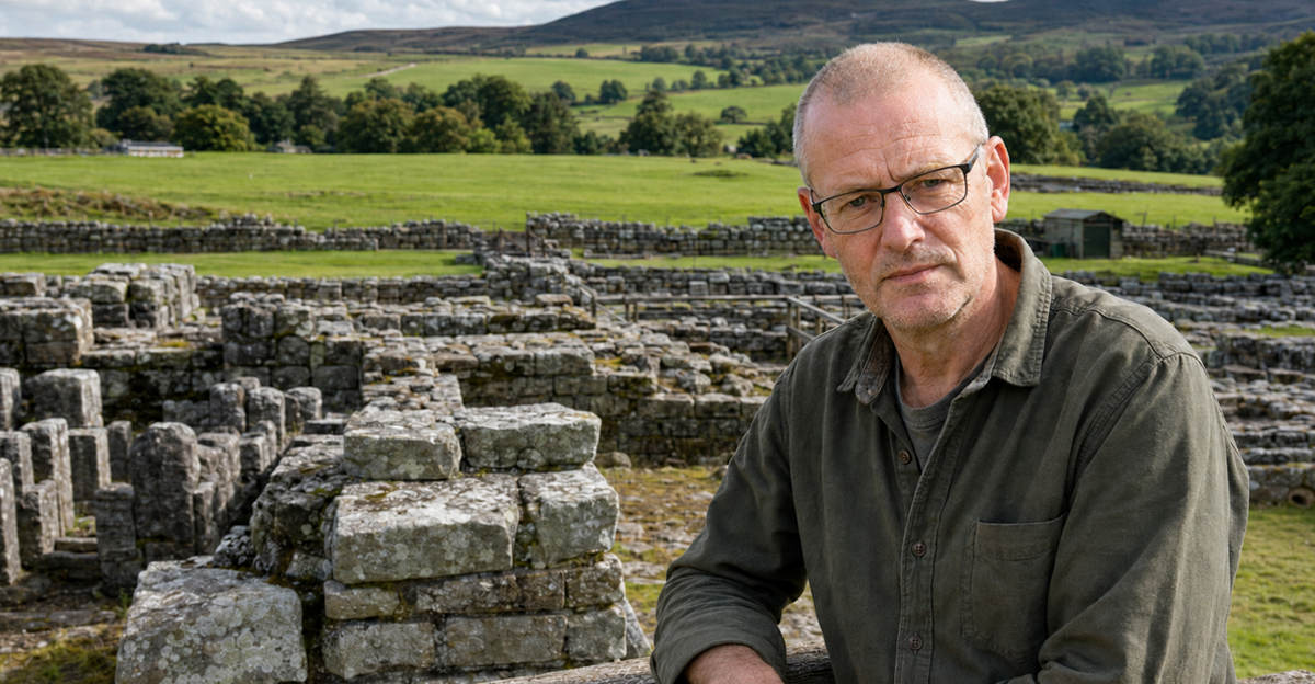 AI-generated image of a man archaeologist stands beside the ancient ruins next to a grassy field