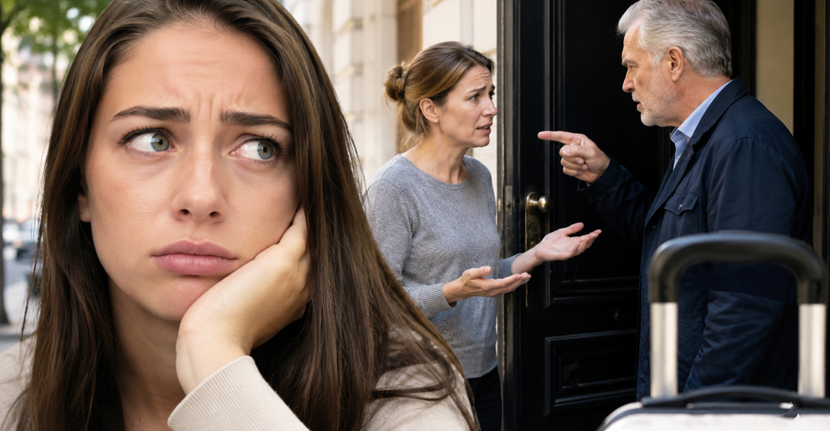 exasperated woman looking on as two people argue outside a building