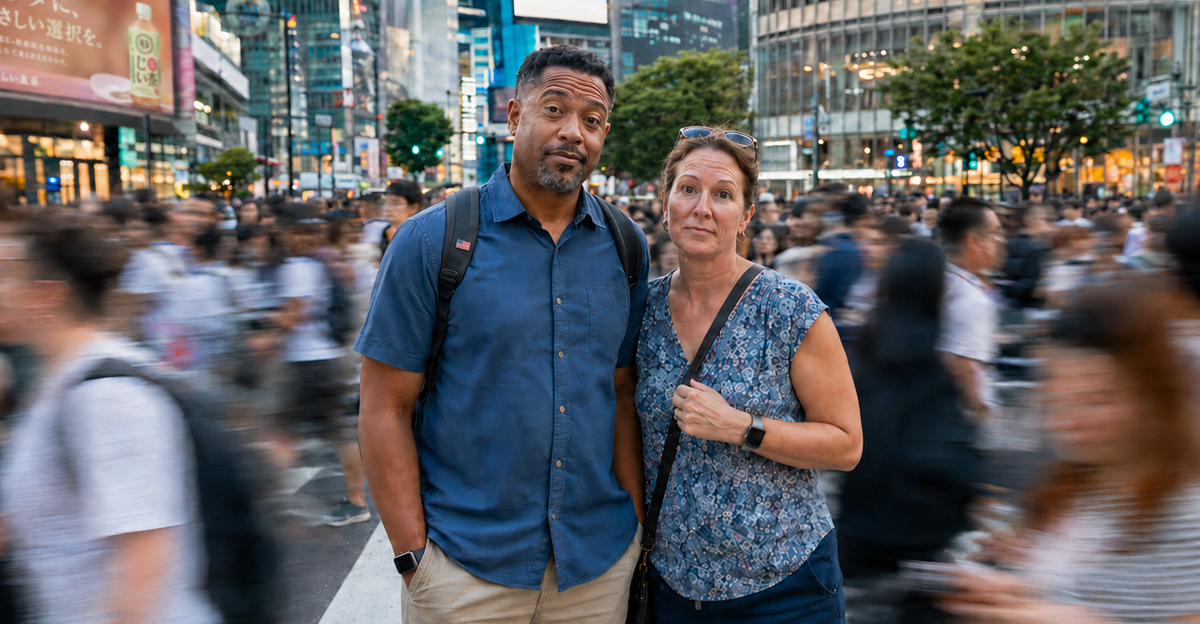 AI-generated image of two American tourists standing still as crowds rush through a busy Tokyo crosswalk