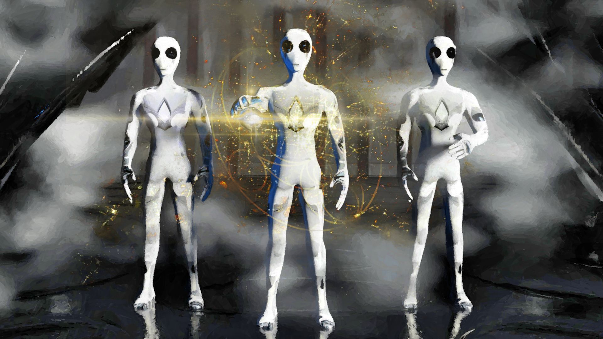 Artistic depiction of stereotypical aliens