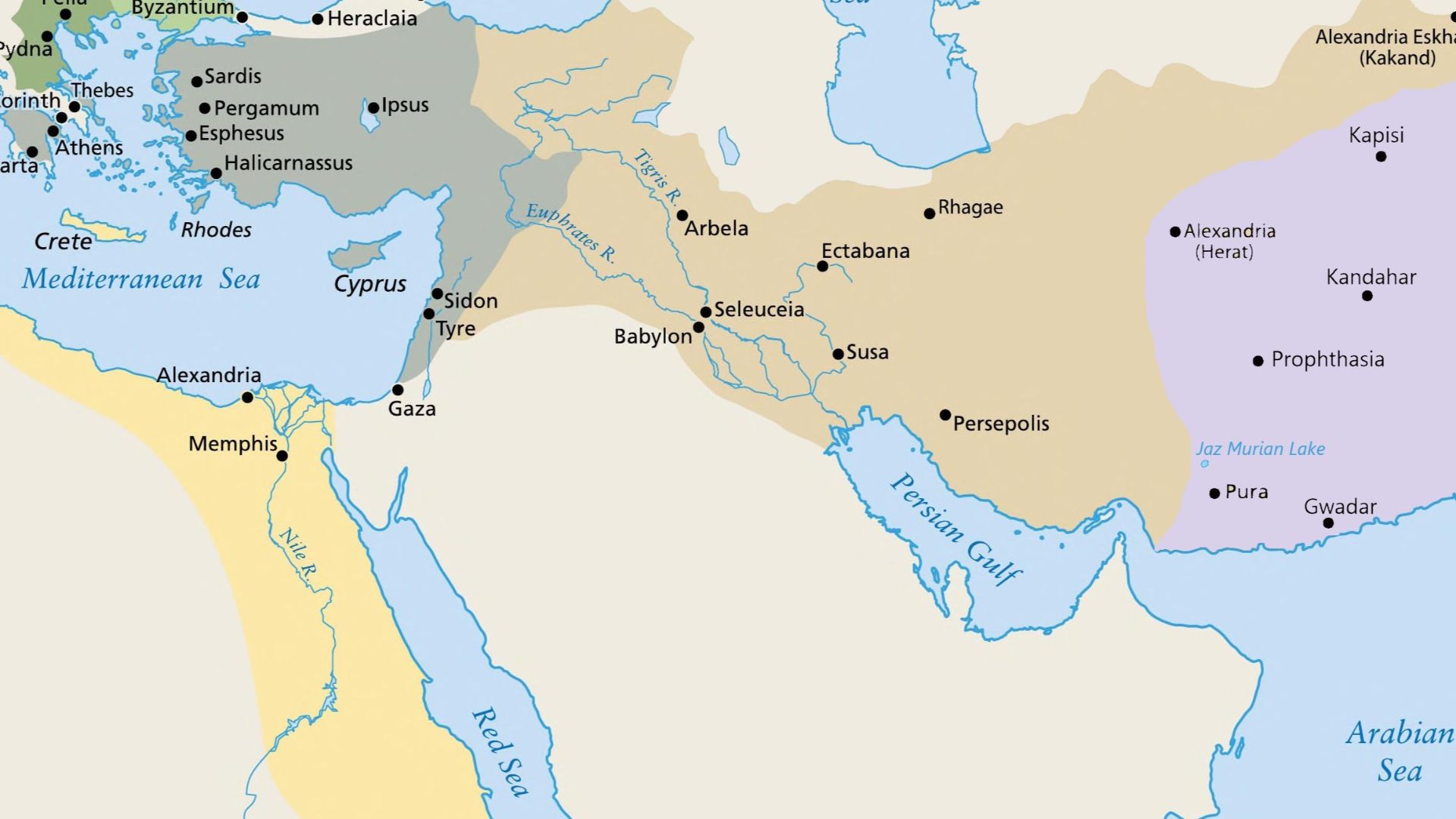Hellenistic World 300 BCE Standard map
Greek Historian on Empire extent(regarding Chandragupta) :

Greek historians mentioned the result of Seleucid–Mauryan war where Seleucid Empire's eastern satrapies( Gedrosia,Arachosia, Aria, and Paropamisadae) ceded 