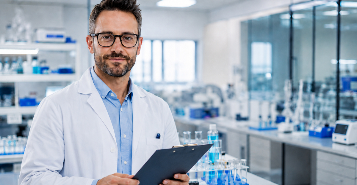 Researcher in lab with lab coat with clipboard