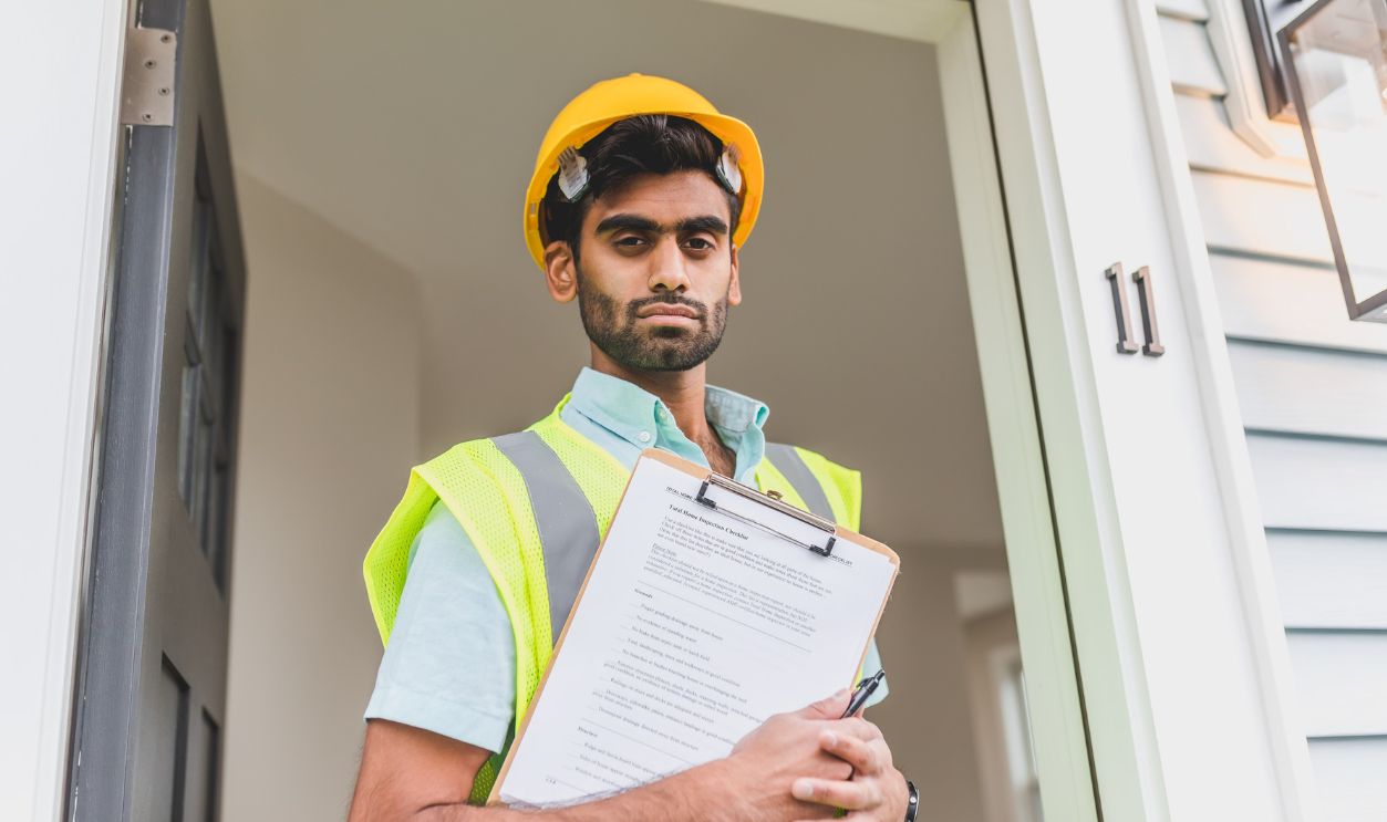 South Asian construction worker at a doorway, holding a clipboard, wearing a hardhat and safety vest
