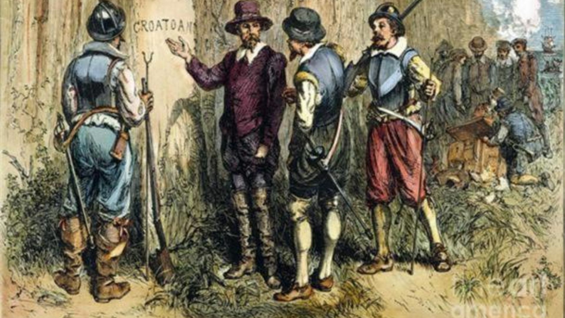 Painting by Englishman John White. Sir Walter Raleghi's 1590 Expedition to Roanoke Island to find the Lost Colony uncovered 'Croatoan' carved on a tree. This may be in reference to the Croatan island or people.