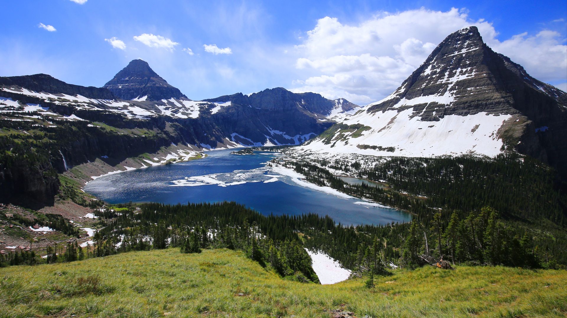 Bearhat Mountain (right), Reynolds Mountain (left) and Hidden Lake in Glacier National Park