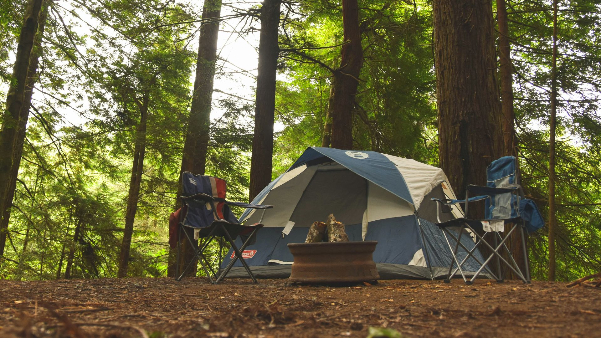 two blue camping chairs near camping tent