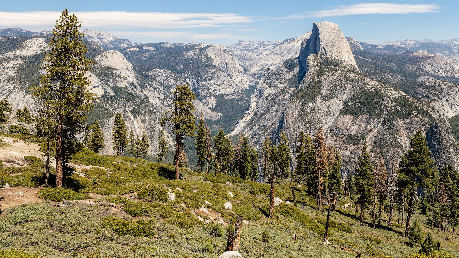 View from near Glacier Point on Half Dome and Eastern Yosemite Valley in Yosemite National Park, California, USA.