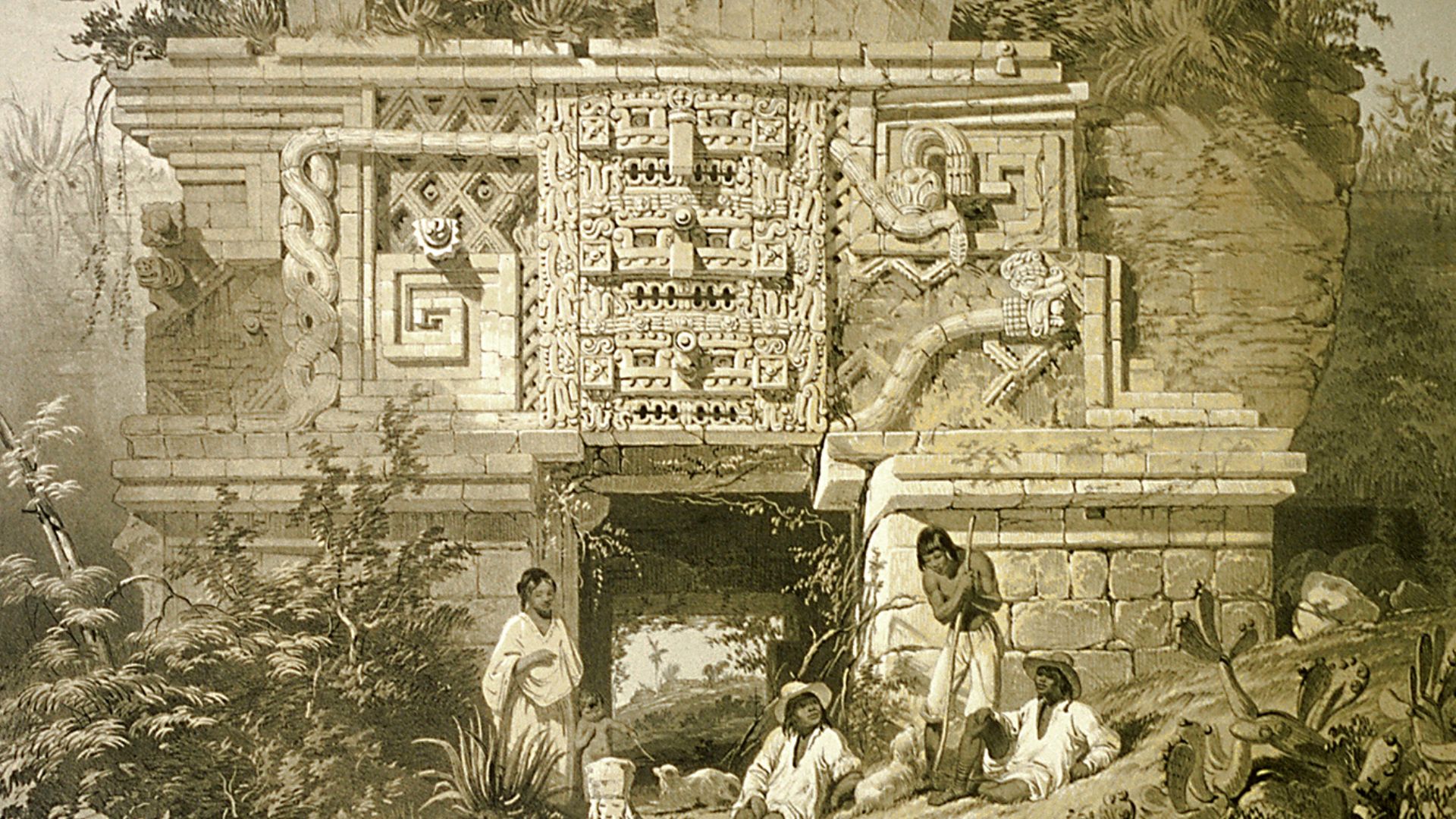 Chromolithograph drawn by Frederick Catherwood. Portion of a Building Called Las Monjas at Uxmal. Represents a part of the Nunnery Quadrangle fascade of Uxmal, Yucatán, Mexico.