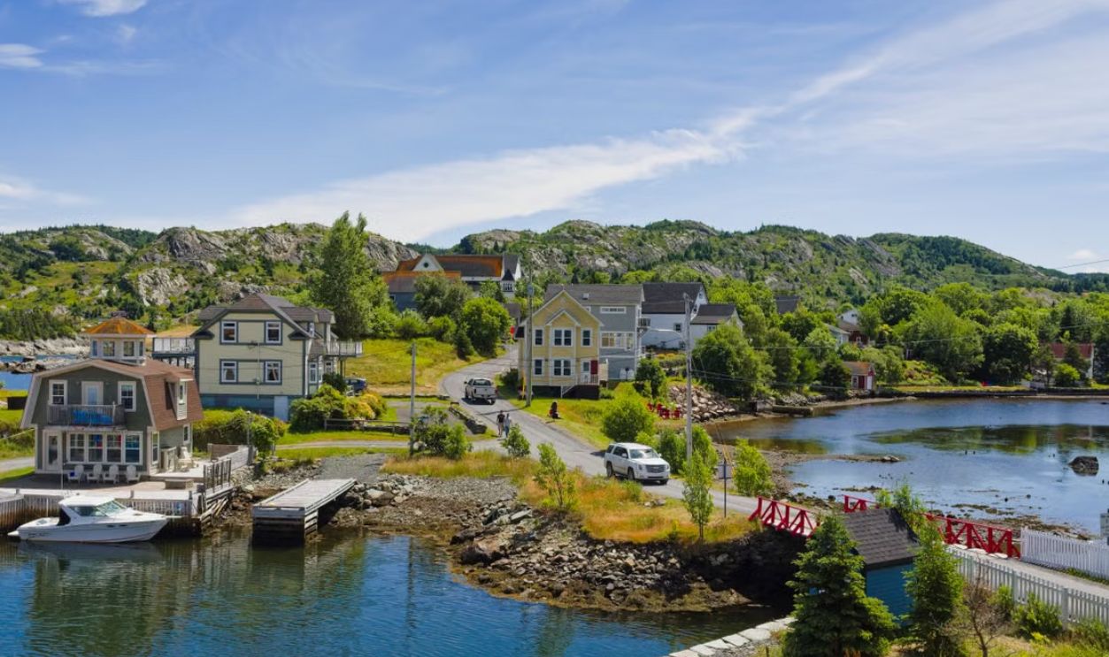 Scenic view of Brigus, a charming coastal village in Newfoundland, Canada, with colorful houses by the waterfront