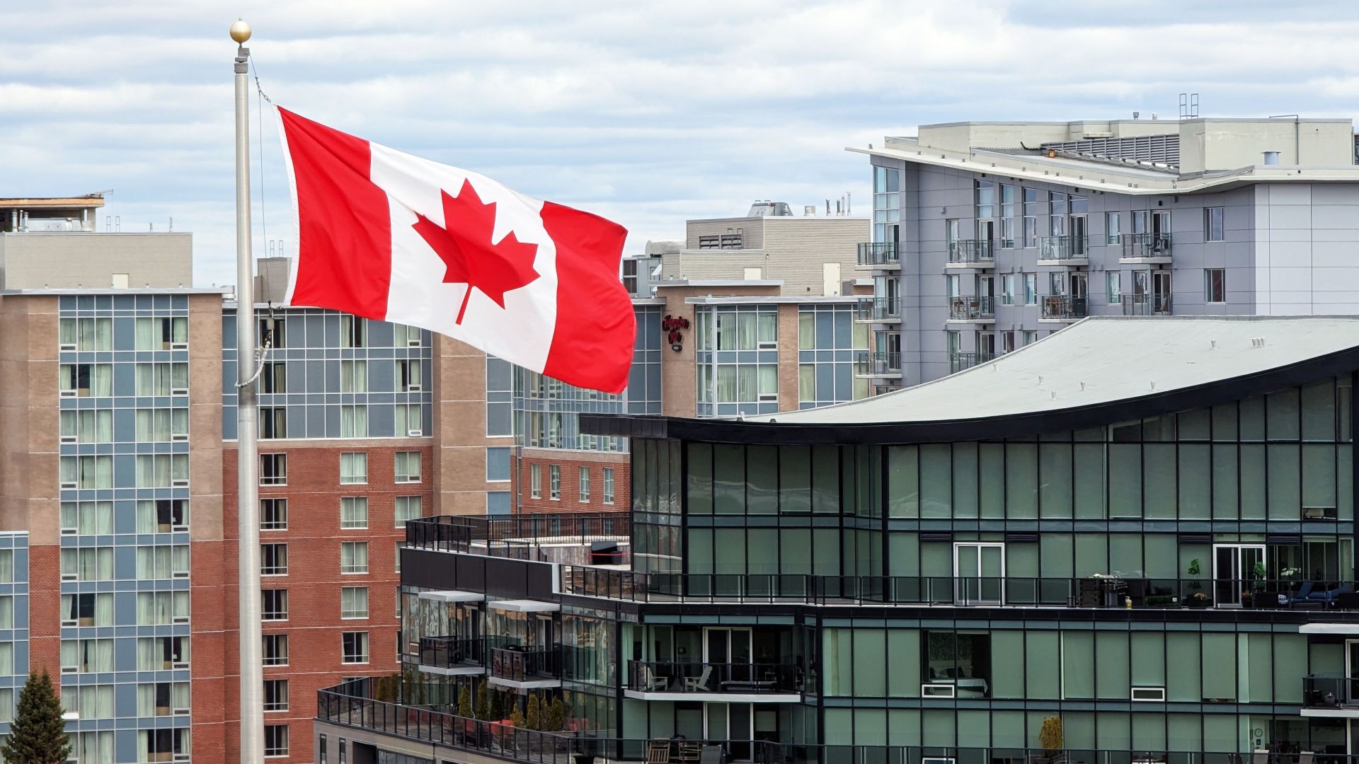Canadian flag waving prominently in Halifax skyline with modern architecture.