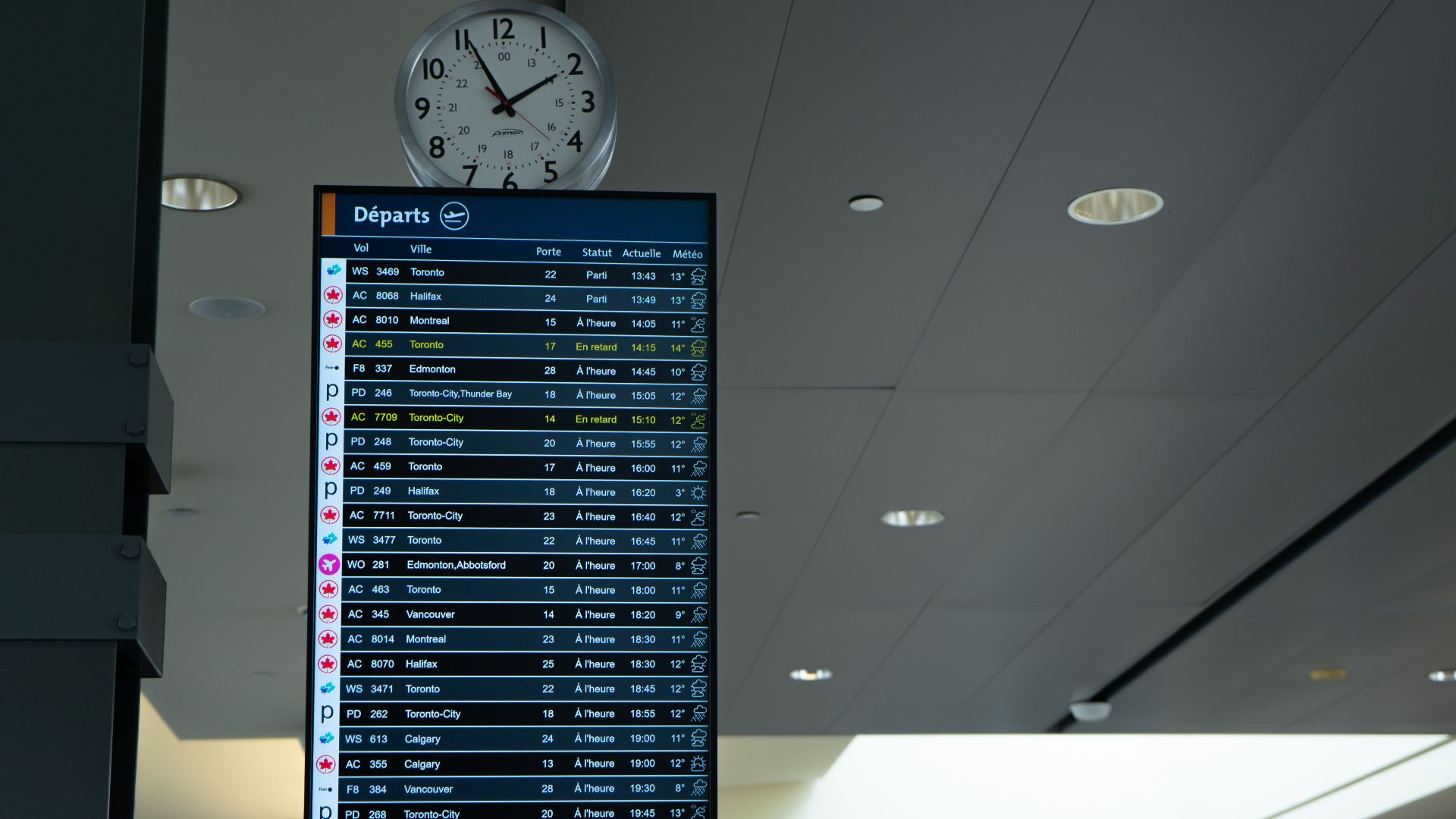 Airport departure screen showing various flight schedules and times with a wall clock above.