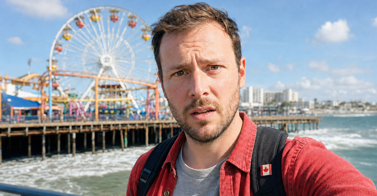 AI-generated image of Canadian tourist standing in front of Santa Monica Pier