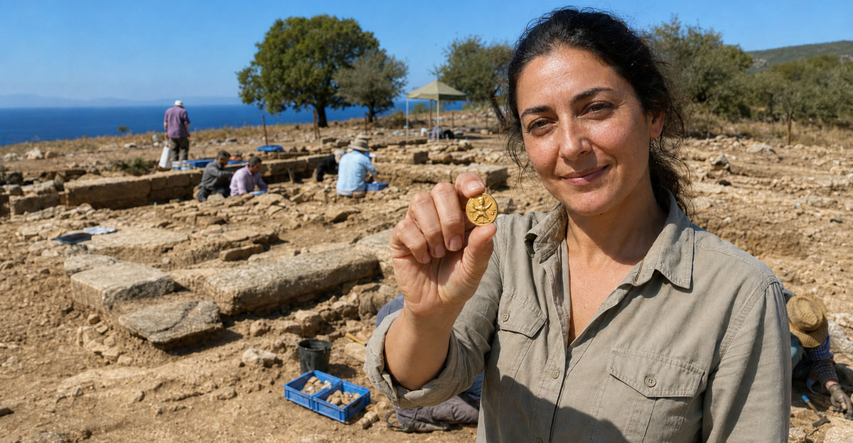 AI-generated image of a woman holding a gold daric at an archaeological site