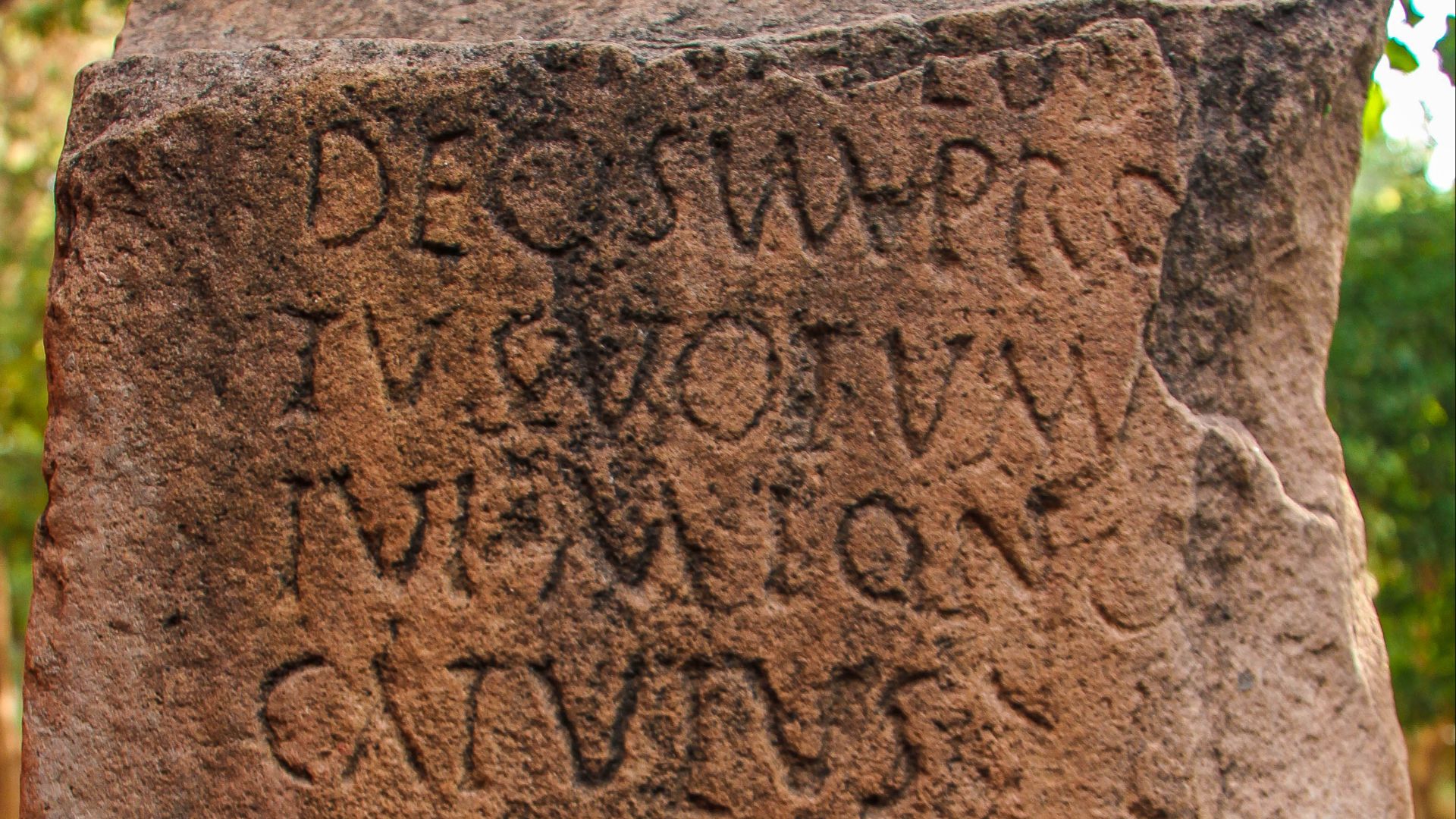 Photo of the lower part of the side face of the Roman inscription of Agueneb displayed in the public garden of Aflou, Wilaya de Laghouat, Algeria. Content transcript: https://edh-www.adw.uni-heidelberg.de/edh/inschrift/HD031432&lang=en