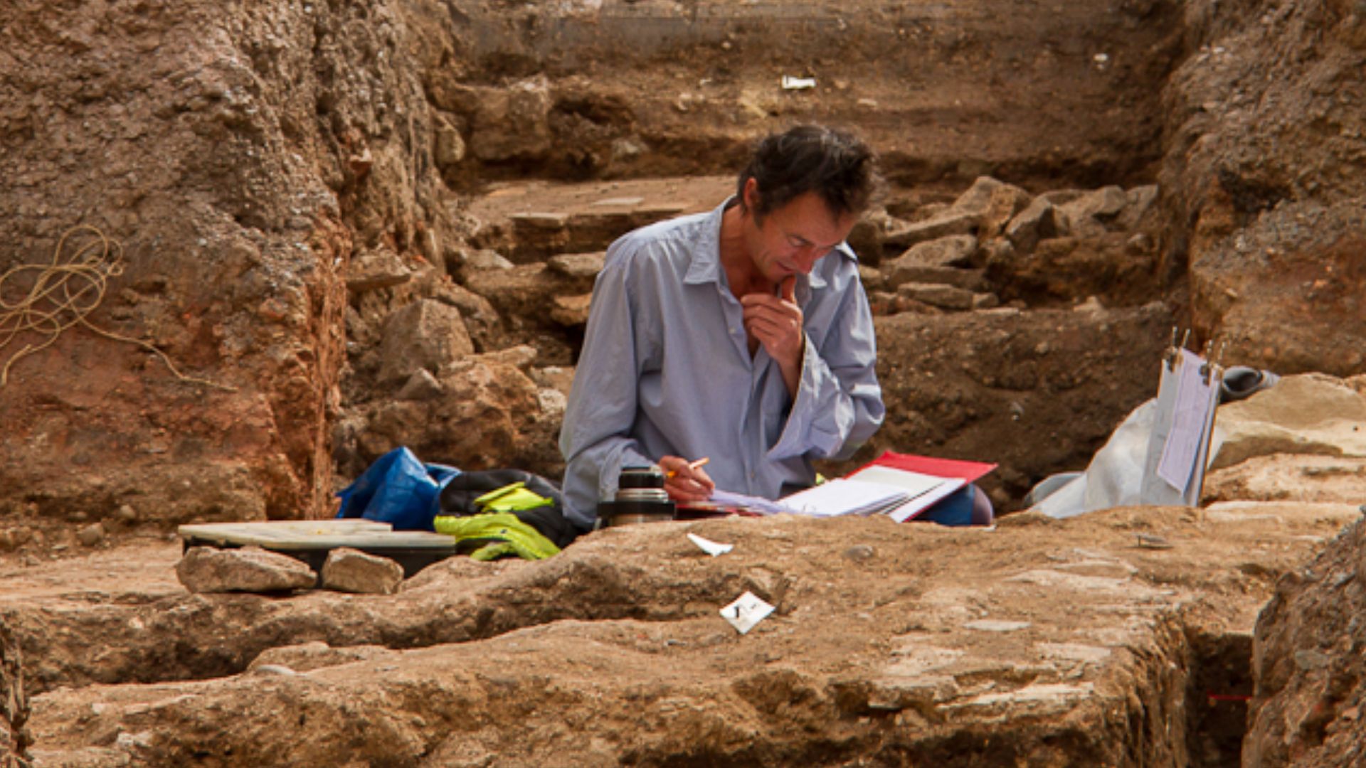 Archaeological excavations in car park of the old Alderman Newton School, just off St Martins around the corner from Greyfriars. The archaeologist in the trench is at the site where the bones of a female were discovered. This was not a burial, but a charn