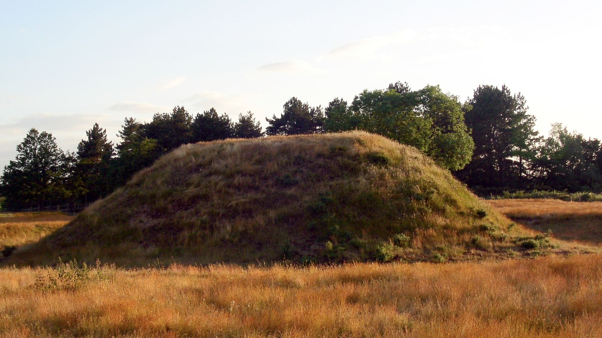 Burial mound 2 at Sutton Hoo, Suffolk, UK. The photo was taken close to sunset on 21 June 2006 (day of the Summer Solstice). This mound has been reconstructed to its supposed original height.