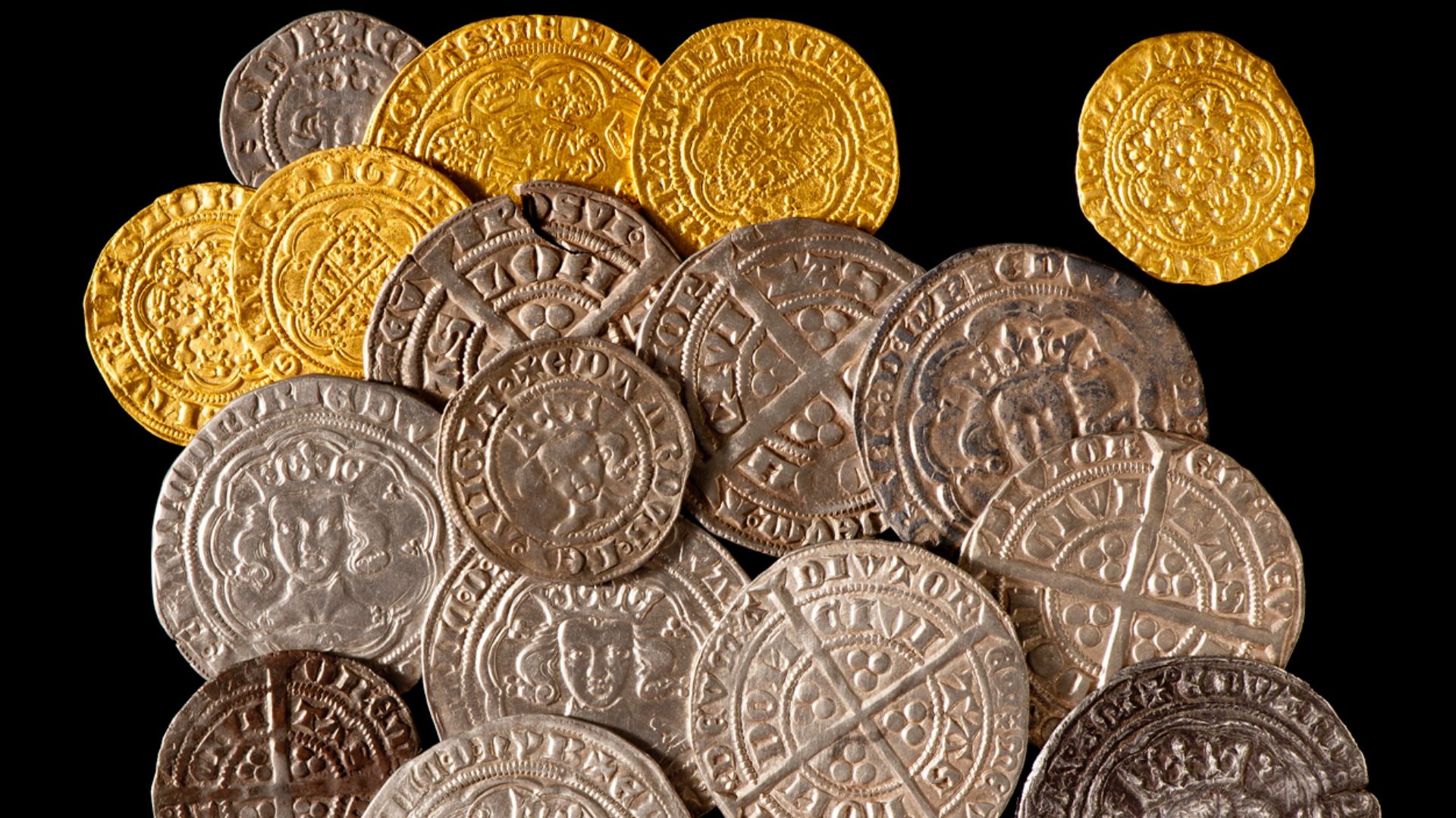 The find comprises five gold and twelve silver coins; the two 'stray' coins are indicated by asterisks. These two coins, like all but one of the remainder, are issues of Edward III, contemporary with the others and like them of full weight. One has seen s