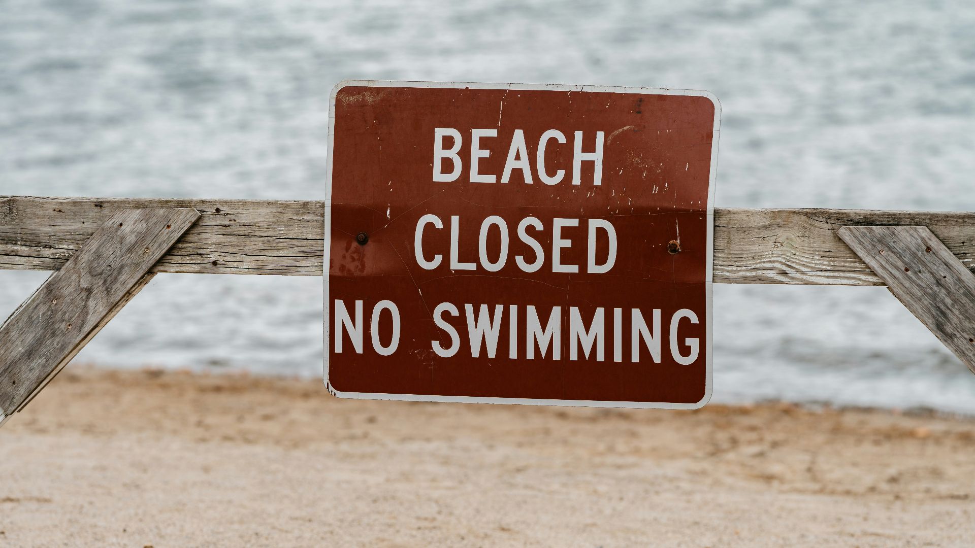 Beach closed no swimming sign on wooden fence