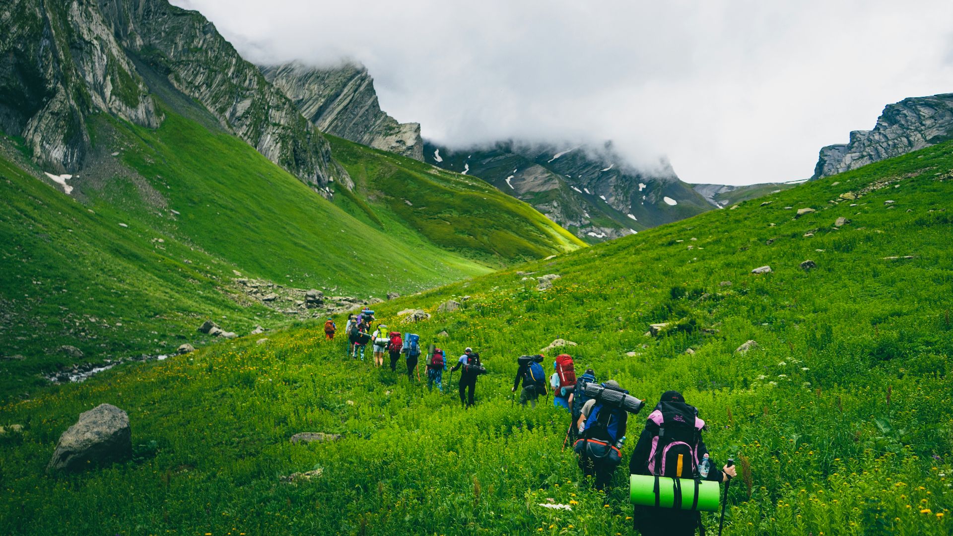 people hiking on green grass field during daytime