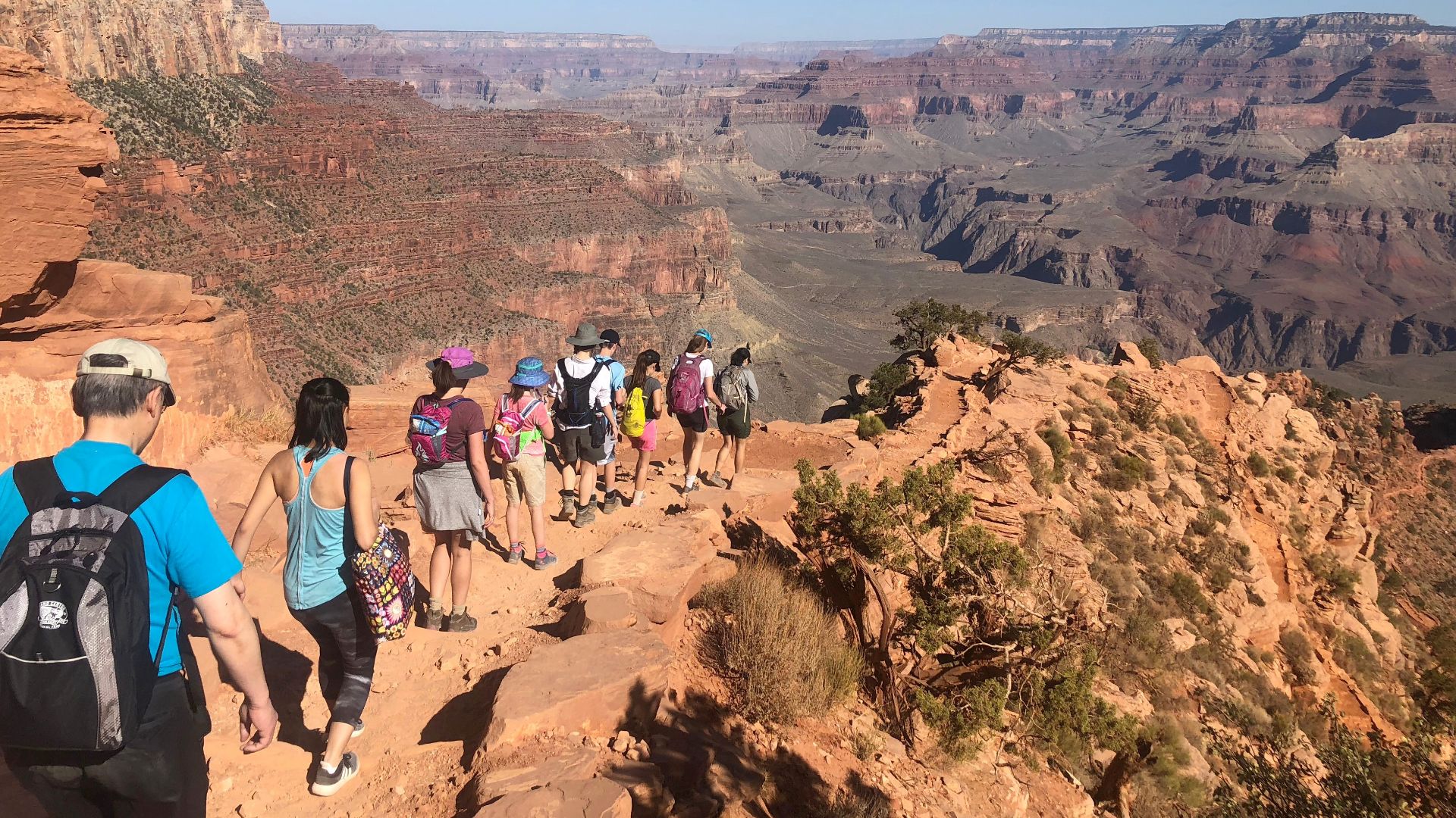 Crossing Windy Ridge on the South Kaibab Trail, park ranger Siria leads visitors on a 1.5 mile hike to Cedar Ridge. This hike meets at 7 am every day during the summer at the South Kaibab trail head. No reservations required. Plan to allow 3-4 hours for t